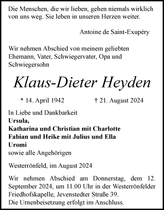 Traueranzeige von Klaus-Dieter Heyden von Schleswig-Holsteinische Landeszeitung