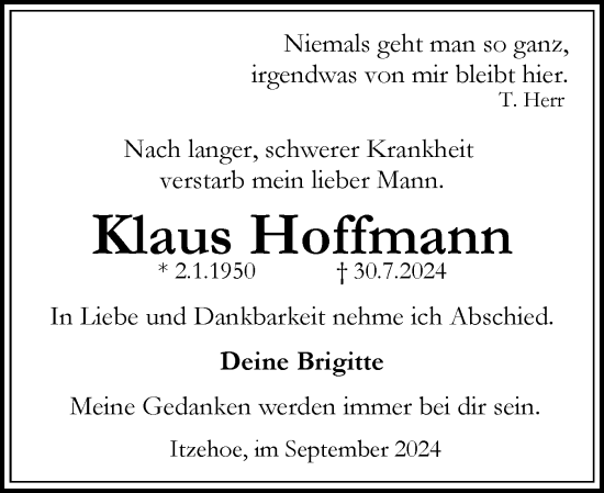 Traueranzeige von Klaus Hoffmann von Norddeutsche Rundschau, Wilstersche Zeitung, Glückstädter Fortuna