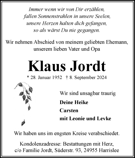 Traueranzeige von Klaus Jordt von Flensburger Tageblatt