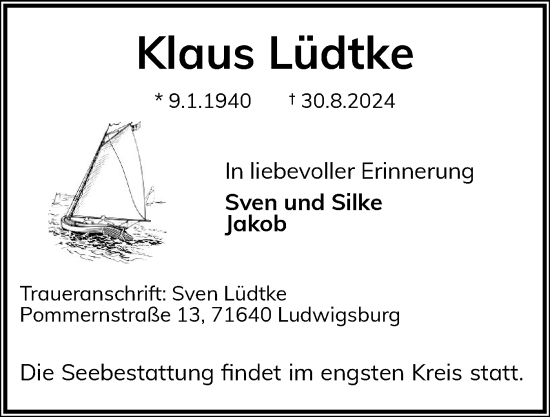 Traueranzeige von Klaus Lüdtke von Schleswiger Nachrichten, Schlei-Bote