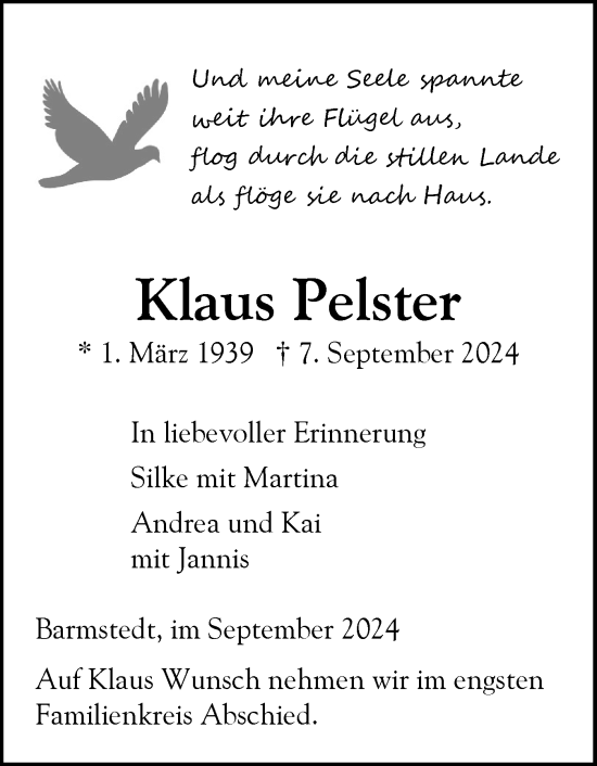 Traueranzeige von Klaus Pelster von Elmshorner Nachrichten, Barmstedter Zeitung