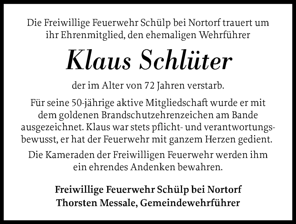  Traueranzeige für Klaus Schlüter vom 14.09.2024 aus Schleswig-Holsteinische Landeszeitung