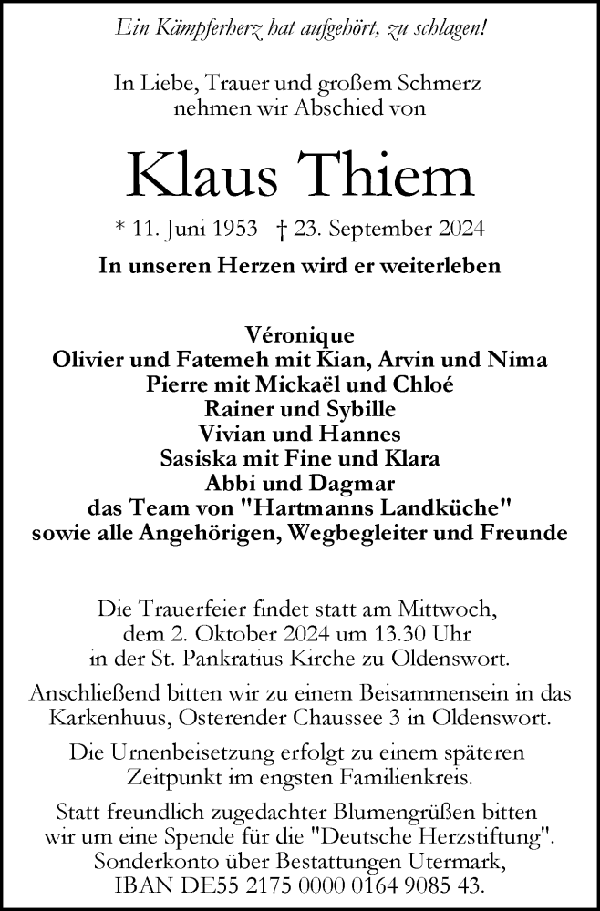 Traueranzeige für Klaus Thiem vom 28.09.2024 aus Husumer Nachrichten, Nordfriesland Tageblatt