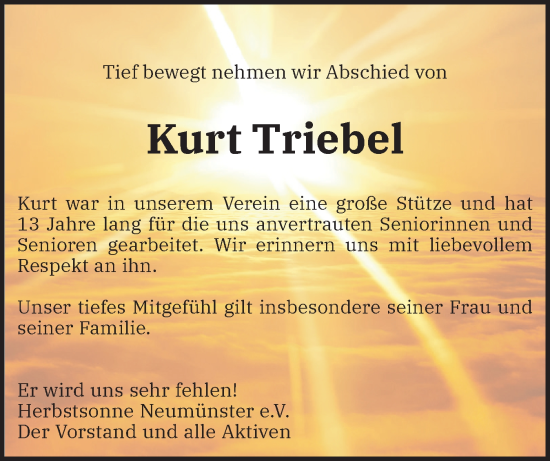 Traueranzeige von Kurt Triebel von Holsteinischer Courier