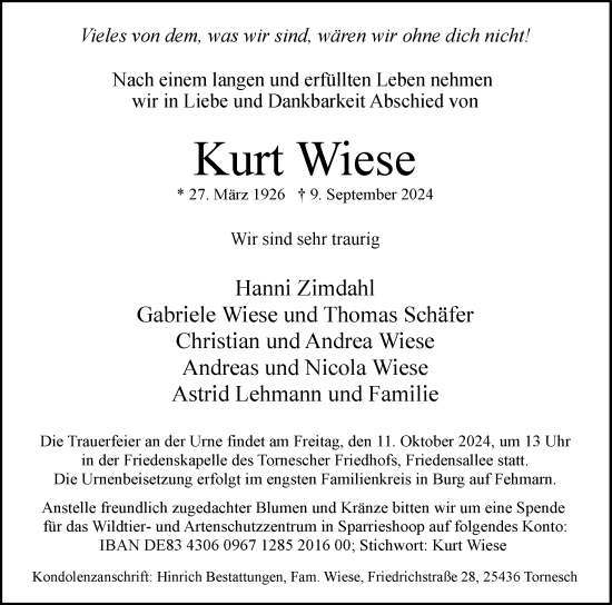 Traueranzeige von Kurt Wiese von Uetersener Nachrichten, Der tip am Wochenende