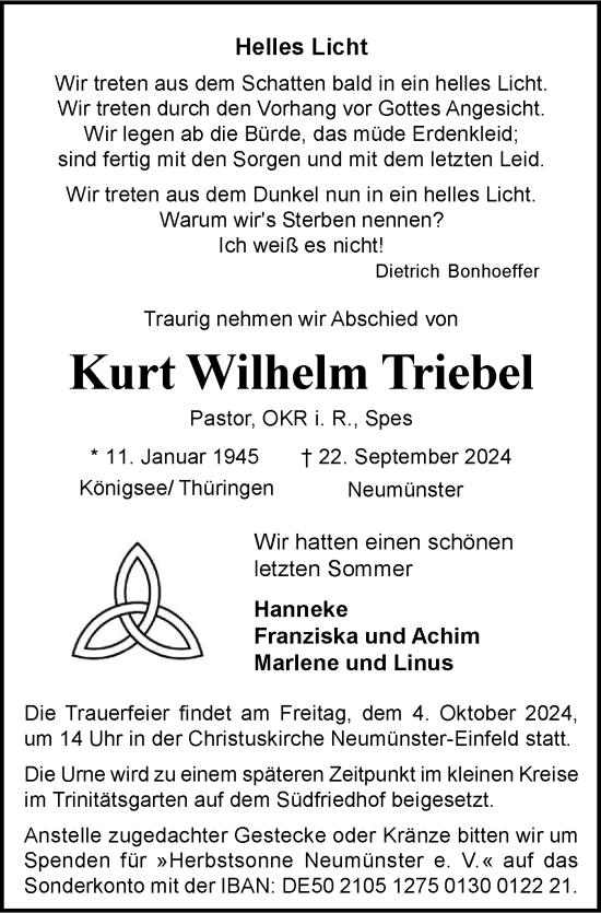 Traueranzeige von Kurt Wilhelm Triebel von Holsteinischer Courier