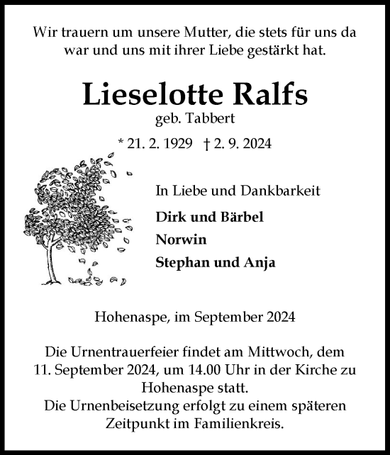 Traueranzeige von Lieselotte Ralfs von Norddeutsche Rundschau, Wilstersche Zeitung, Glückstädter Fortuna