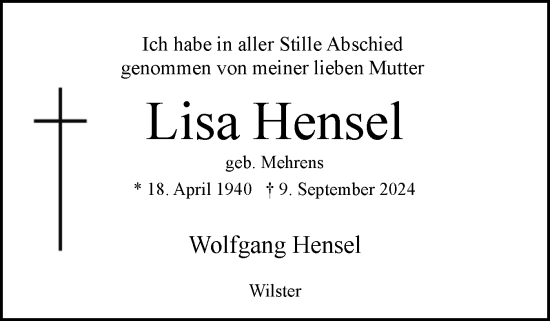 Traueranzeige von Lisa Hensel von Norddeutsche Rundschau, Wilstersche Zeitung, Glückstädter Fortuna