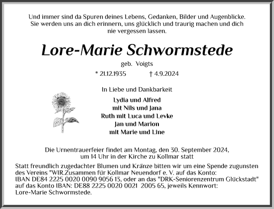 Traueranzeige von Lore-Marie Schwormstede von Region Steinburg-Elmshorn