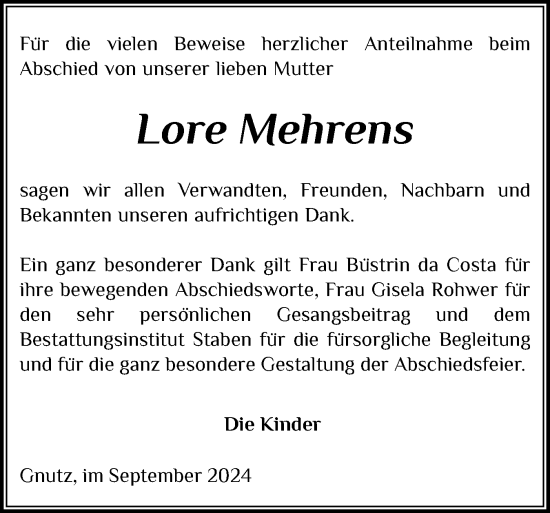 Traueranzeige von Lore Mehrens von Schleswig-Holsteinische Landeszeitung