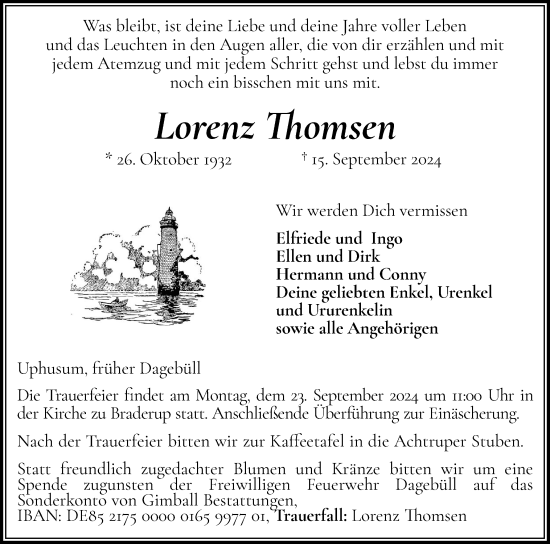 Traueranzeige von Lorenz Thomsen von Husumer Nachrichten, Nordfriesland Tageblatt