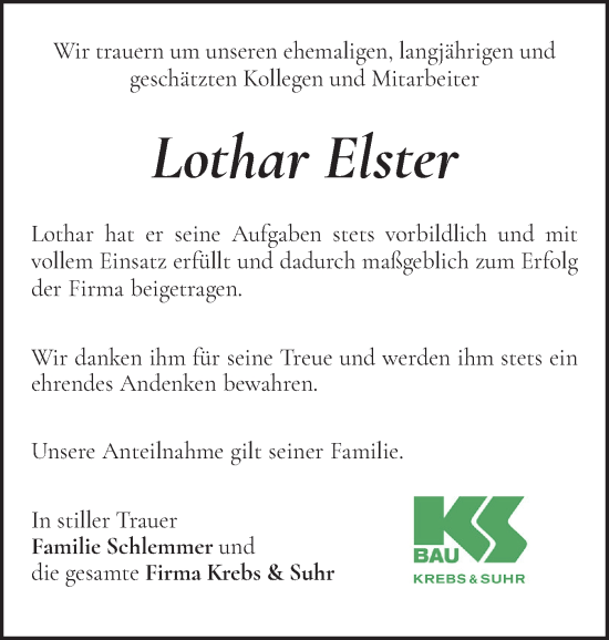 Traueranzeige von Lothar Elster von Holsteinischer Courier