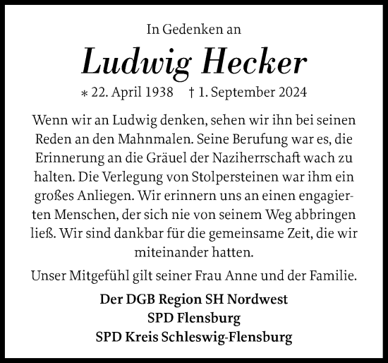 Traueranzeige von Ludwig Hecker von Flensburger Tageblatt