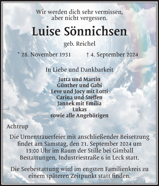 Traueranzeige von Luise Sönnichsen von Husumer Nachrichten, Nordfriesland Tageblatt