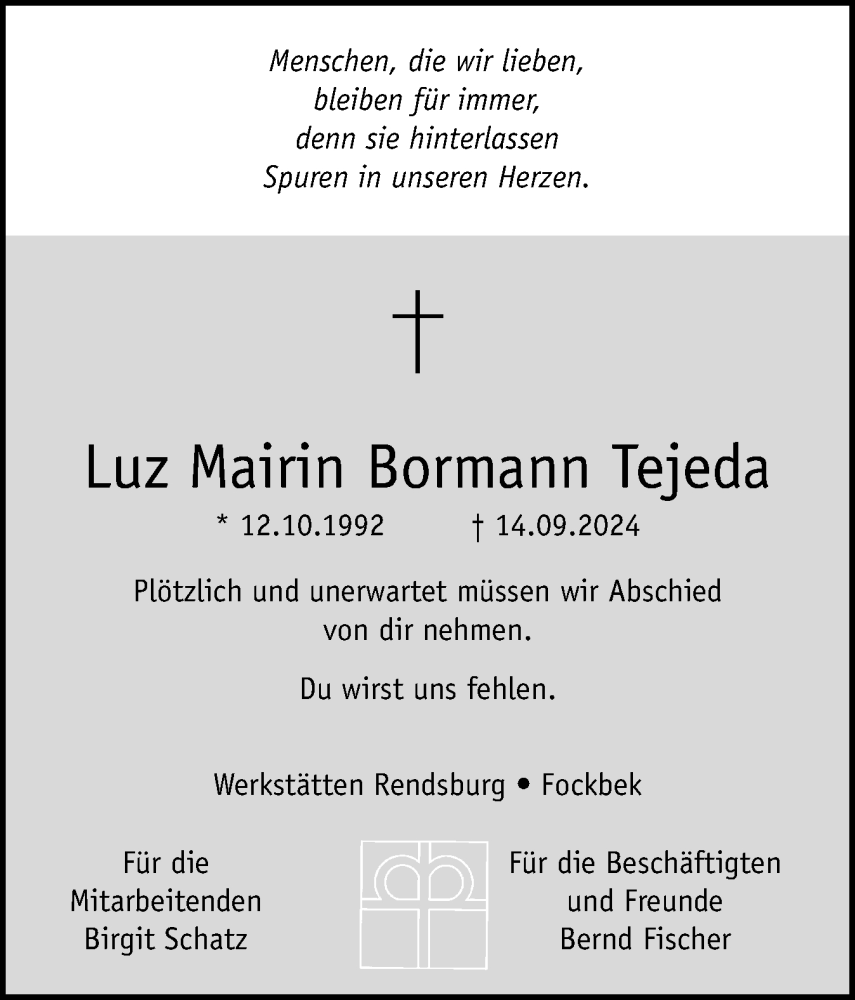  Traueranzeige für Luz Mairin Bormann Tejeda vom 23.09.2024 aus Schleswig-Holsteinische Landeszeitung