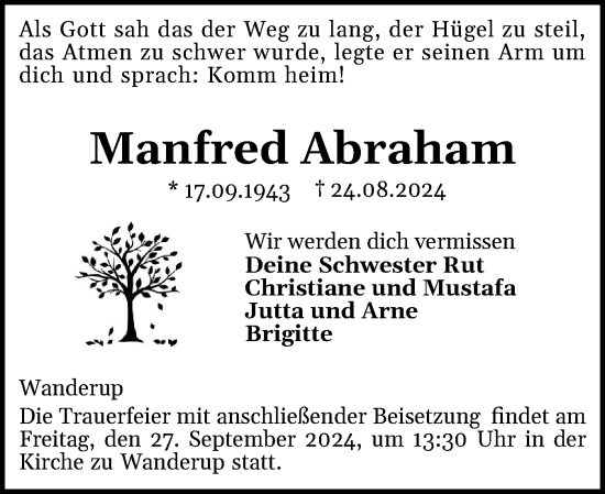 Traueranzeige von Manfred Abraham von Flensburger Tageblatt