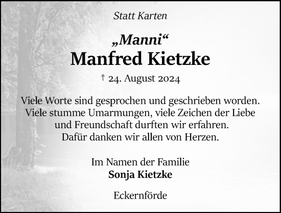 Traueranzeige von Manfred Kietzke von Eckernförder Zeitung, Hallo Eckernförde