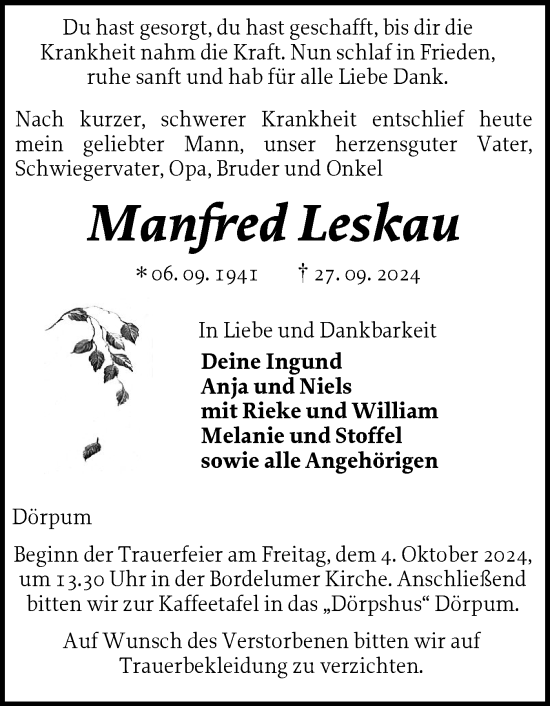 Traueranzeige von Manfred Leskau von Husumer Nachrichten, Nordfriesland Tageblatt