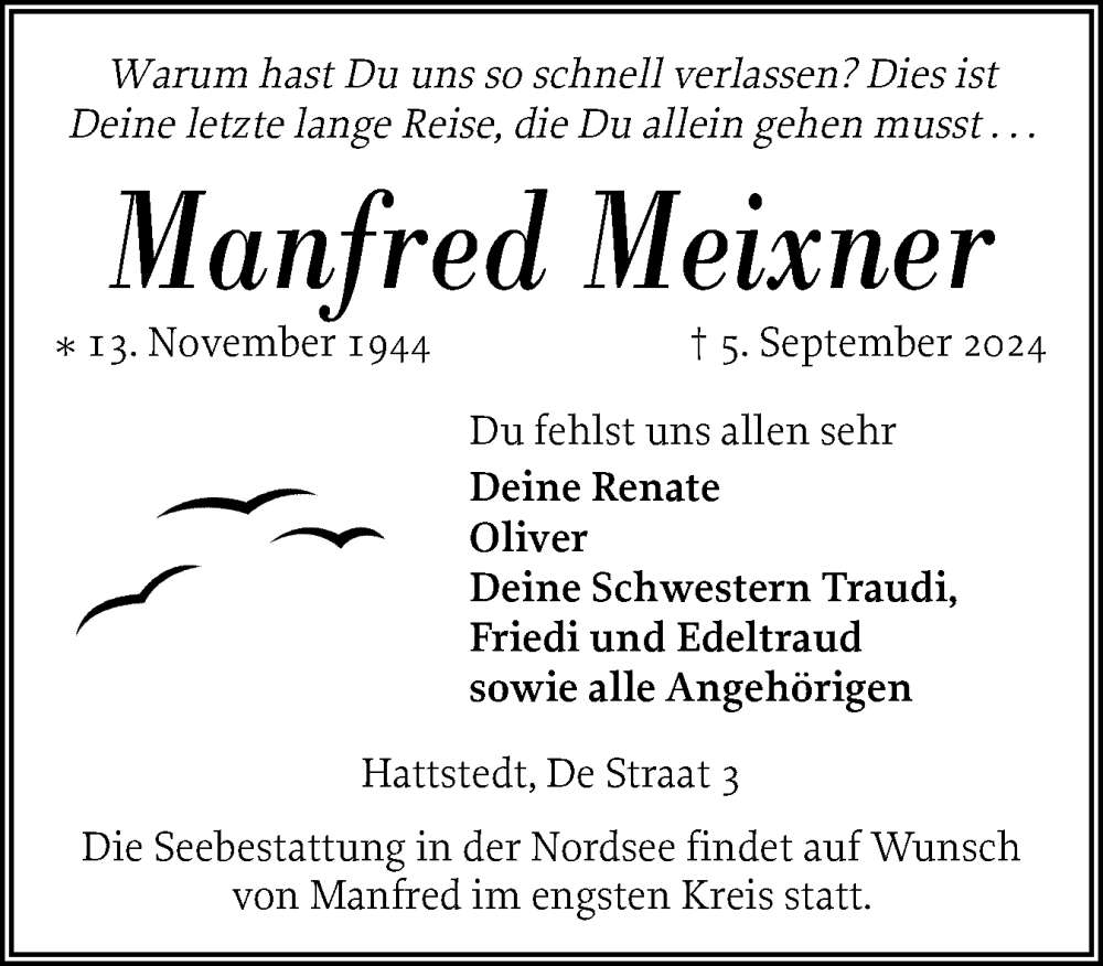  Traueranzeige für Manfred Meixner vom 11.09.2024 aus Husumer Nachrichten, Nordfriesland Tageblatt