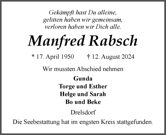 Traueranzeige von Manfred Rabsch von Husumer Nachrichten, Nordfriesland Tageblatt