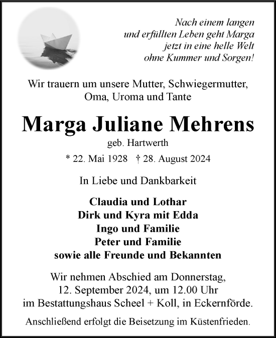 Traueranzeige von Marga Juliane Mehrens von Eckernförder Zeitung, Hallo Eckernförde