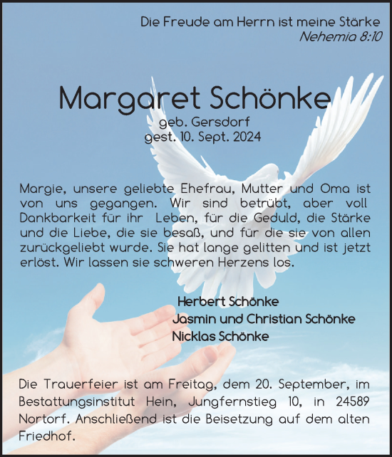 Traueranzeige von Margaret Schönke von Schleswig-Holsteinische Landeszeitung