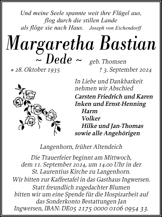 Traueranzeige von Margaretha Bastian von Husumer Nachrichten, Nordfriesland Tageblatt