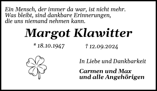 Traueranzeige von Margot Klawitter von Husumer Nachrichten, Nordfriesland Tageblatt