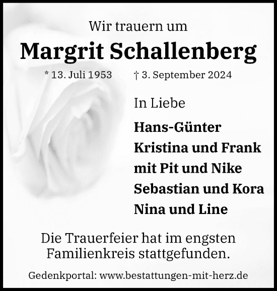 Traueranzeige von Margrit Schallenberg von Flensburger Tageblatt