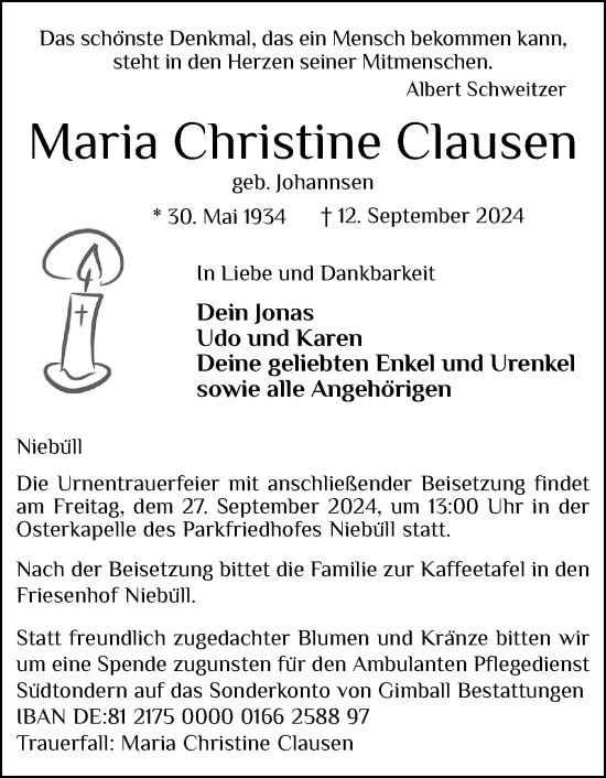 Traueranzeige von Maria Christine Clausen von Husumer Nachrichten, Nordfriesland Tageblatt