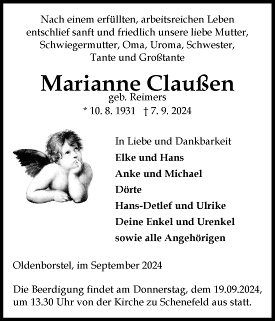 Traueranzeige von Marianne Claußen von Norddeutsche Rundschau, Wilstersche Zeitung, Glückstädter Fortuna