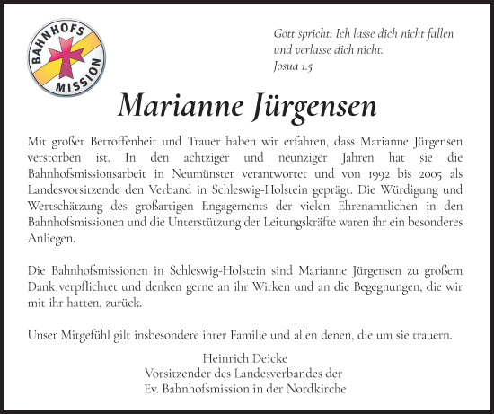 Traueranzeige von Marianne Jürgensen von Holsteinischer Courier