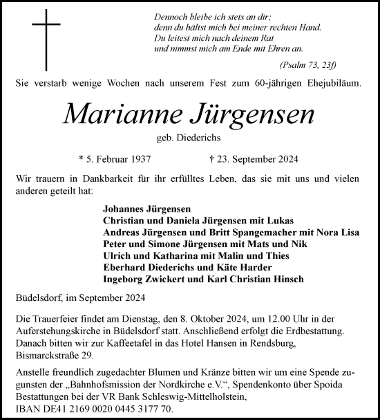 Traueranzeige von Marianne Jürgensen von Schleswig-Holsteinische Landeszeitung