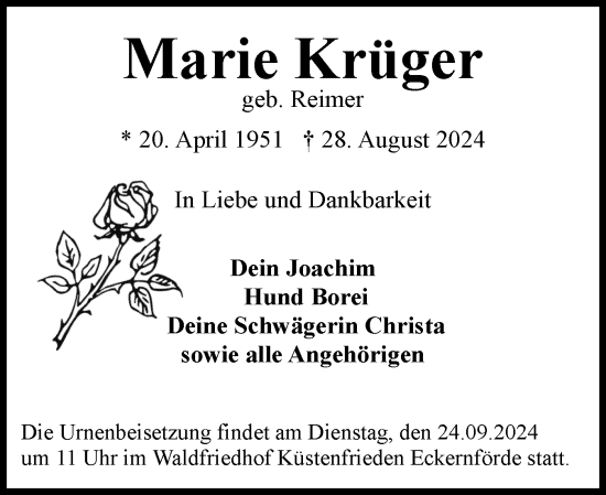 Traueranzeige von Marie Krüger von Eckernförder Zeitung, Hallo Eckernförde