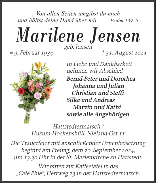 Traueranzeige von Marilene Jensen von Husumer Nachrichten, Nordfriesland Tageblatt