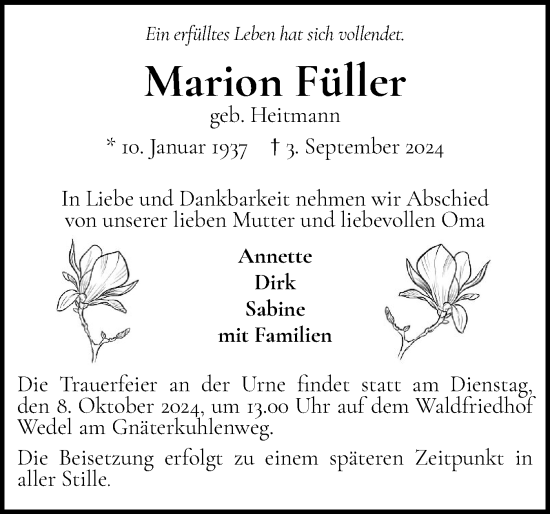 Traueranzeige von Marion Füller von Wedel-Schulauer Tageblatt, tip Wedel-Schulauer Tageblatt, tip Rissener Rundschau