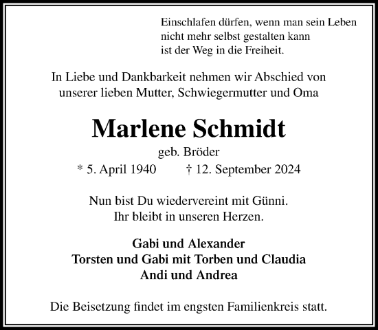 Traueranzeige von Marlene Schmidt von Stormaner Tageblatt