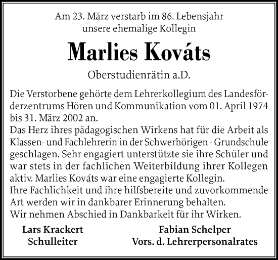 Traueranzeige von Marlies Kováts von Schleswiger Nachrichten, Schlei-Bote