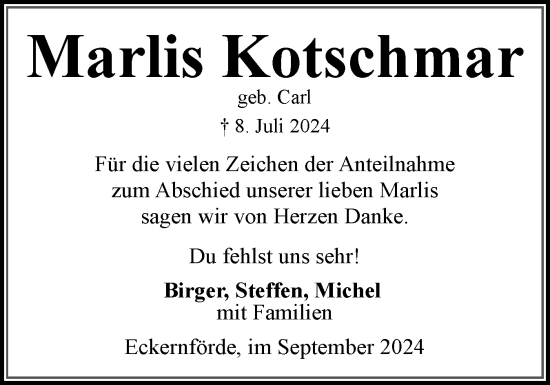 Traueranzeige von Marlis Kotschmar von Eckernförder Zeitung, Hallo Eckernförde