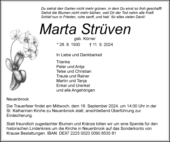 Traueranzeige von Marta Strüven von Norddeutsche Rundschau, Wilstersche Zeitung, Glückstädter Fortuna