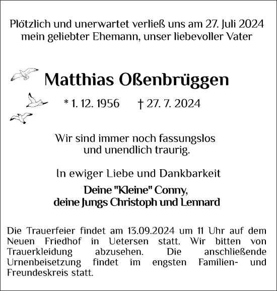 Traueranzeige von Matthias Oßenbrüggen von Uetersener Nachrichten, Der tip am Wochenende