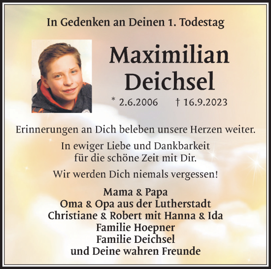 Traueranzeige von Maximilian Deichsel von Eckernförder Zeitung, Hallo Eckernförde