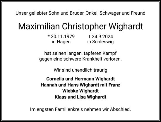 Traueranzeige von Maximilian Christopher Wighardt von Schleswiger Nachrichten, Schlei-Bote