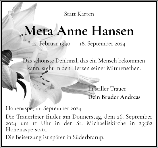 Traueranzeige von Meta Anne Hansen von Flensburger Tageblatt