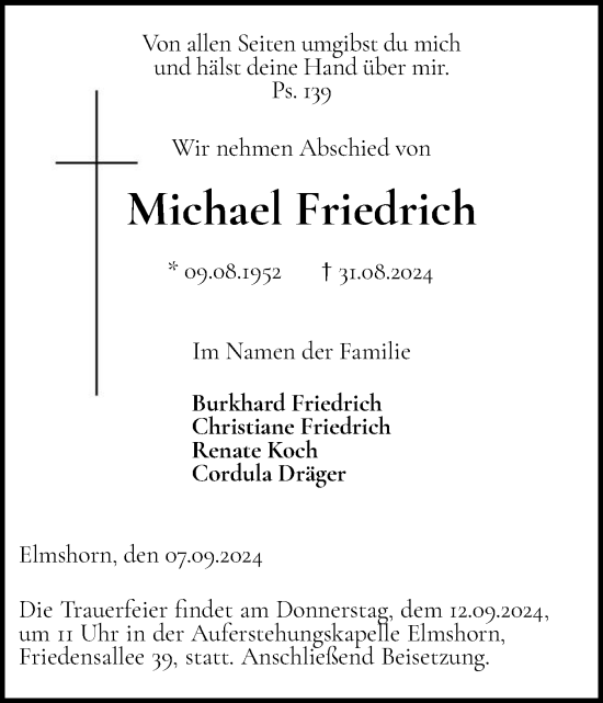 Traueranzeige von Michael Friedrich von Elmshorner Nachrichten, Barmstedter Zeitung