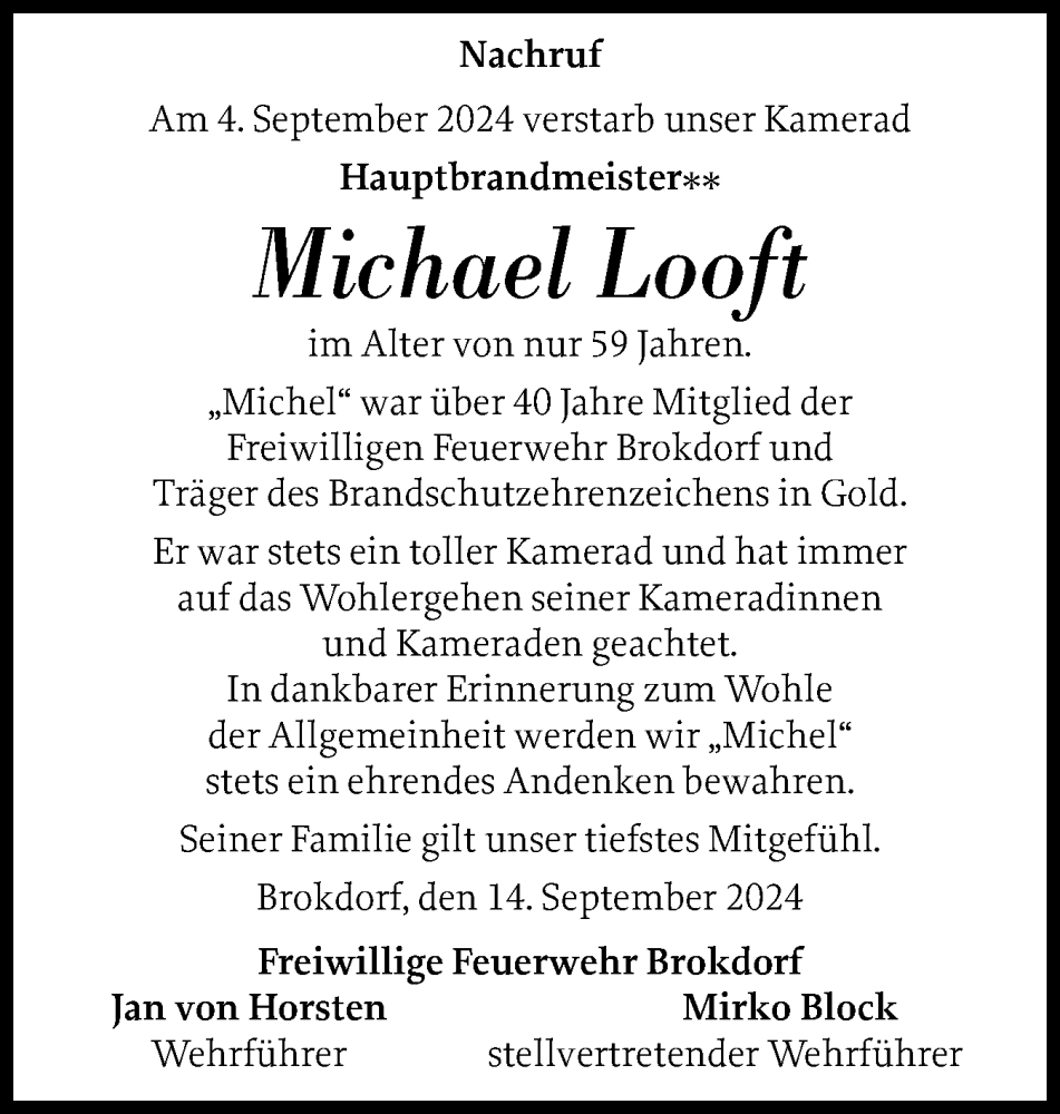  Traueranzeige für Michael Looft vom 14.09.2024 aus Norddeutsche Rundschau, Wilstersche Zeitung, Glückstädter Fortuna