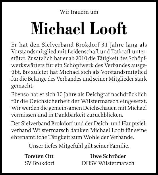 Traueranzeige von Michael Looft von Norddeutsche Rundschau, Wilstersche Zeitung, Glückstädter Fortuna