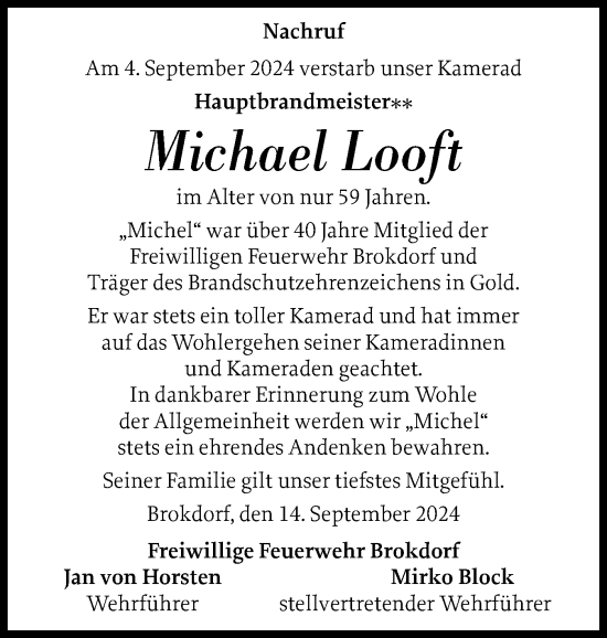 Traueranzeige von Michael Looft von Norddeutsche Rundschau, Wilstersche Zeitung, Glückstädter Fortuna