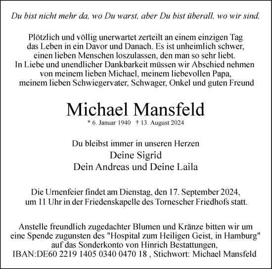 Traueranzeige von Michael Mansfeld von Uetersener Nachrichten, Der tip am Wochenende