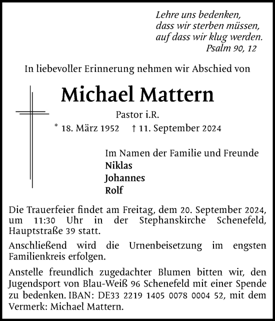 Traueranzeige von Michael Mattern von Region Pinneberg und tip Pinneberg